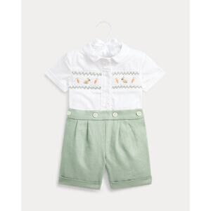 NWT Ralph Lauren Smocked Cotton Shirt & Linen Short Set Sz 24 months